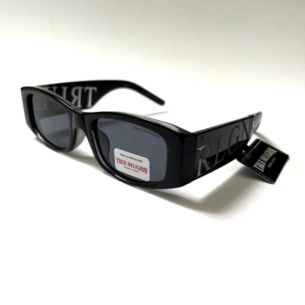 New TRUE RELIGION Slim Embossed Sunglasses Rectangle Wide Leg Logo Black Acetate